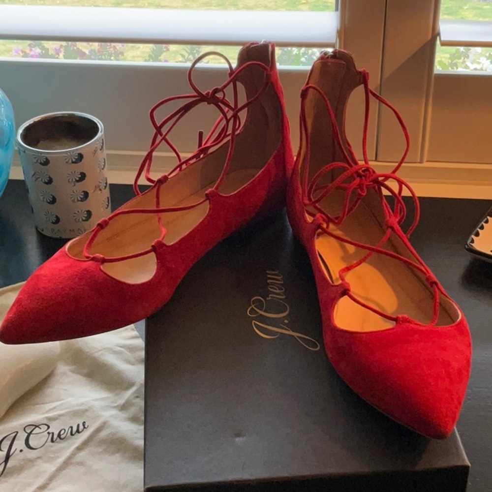 J. CREW RED SUEDE TIE FLATS SIZE 10